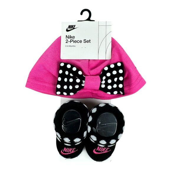 Nike Newborn Baby Girl 0-6 M Pink Polka Dot Beanie Bow Socks Booties 2 Piece Set - Picture 1 of 4